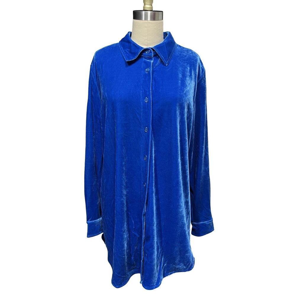 Soft Surroundings Royal blue Velvet Boyfriend Button Down Shirt SZ L